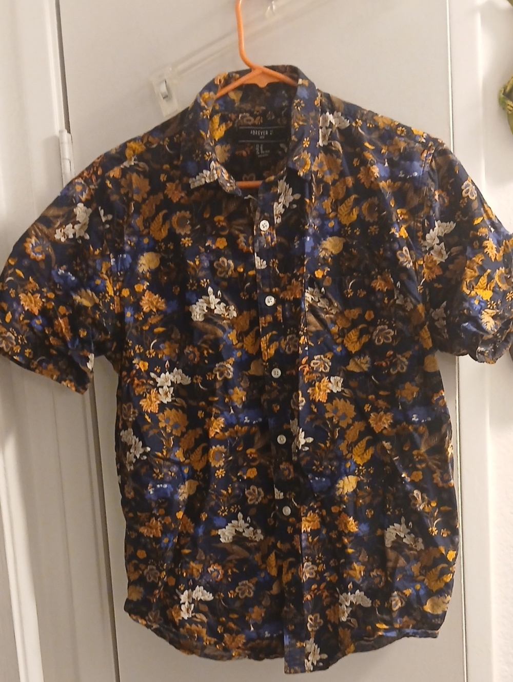 Forever 21 Men's Floral Button-Down Shirt in Navy, Mustard and White Medium